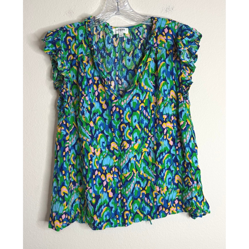 Umgee Top Women L Blue Green Pink Abstract Ruffle Sleeve V-Neck B8721